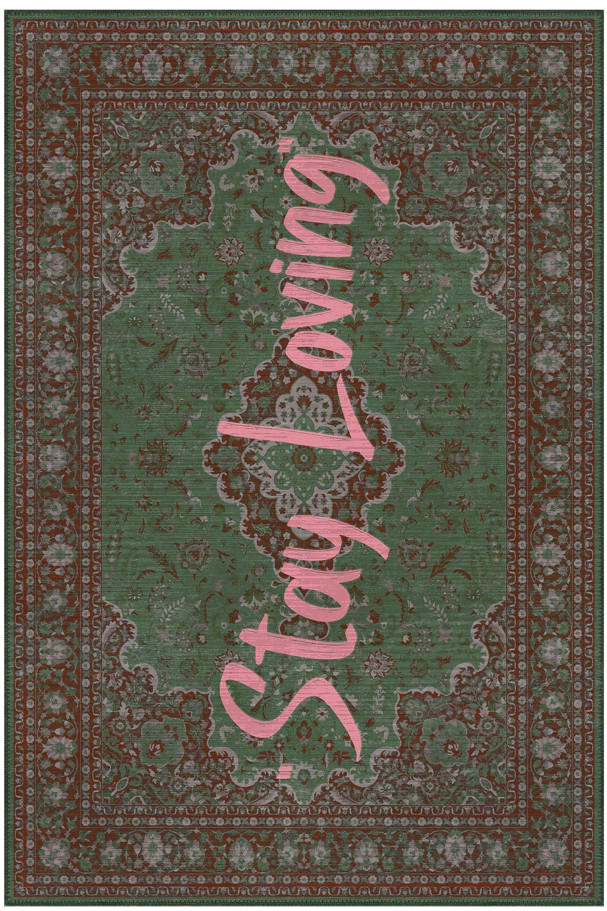 Lucca 401 Yeşil Bordo Vintage Halı Eskitme Modern Yazılı Halı Ince Kilim Halı Ev Oda Salon Halısı