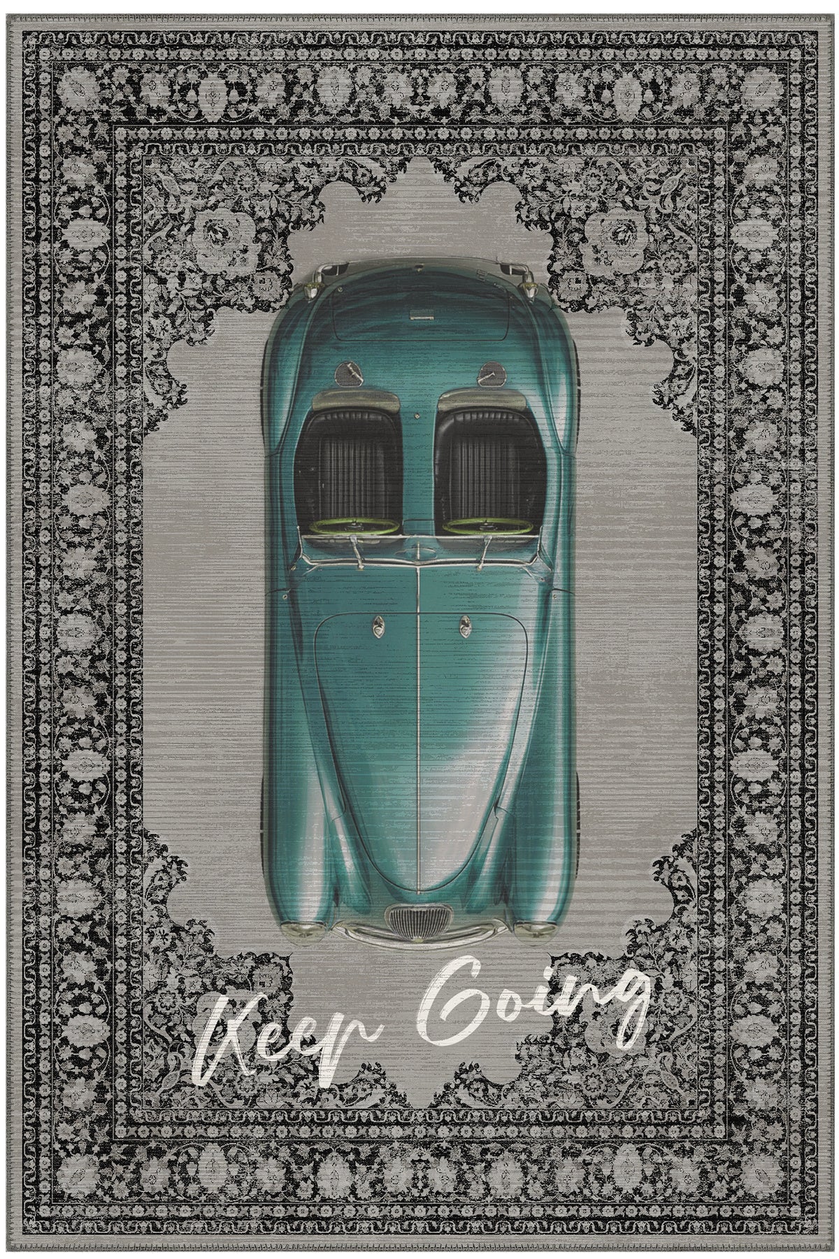 Retro 106 Gri Mavi Vintage Retro Araba Figürlü Keep Going Tasarım Halı Salon Oturma Ev Oda Halısı