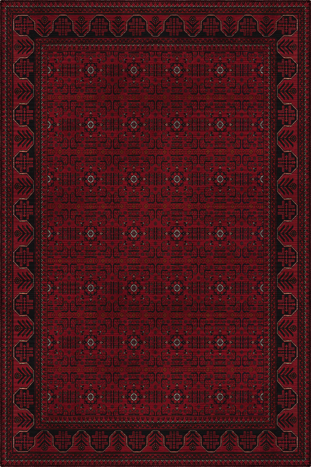 Haliç 301 Bordo Siyah Afgan Desenli Vintage Etnik Salon Halısı Oturma Odası İnce Hol Ev Oda Halısı