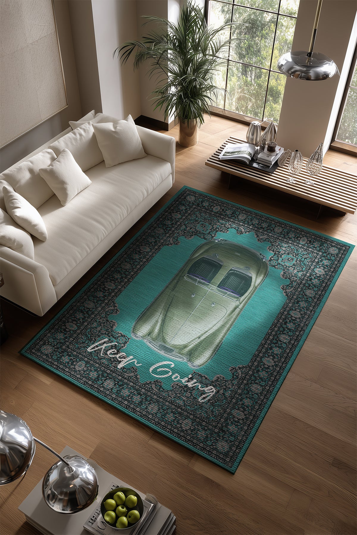 Retro 104 Turkuaz Yeşili Vintage Retro Araba Yıkanabilir Tasarım Halı Salon Oturma Ev Oda Halısı