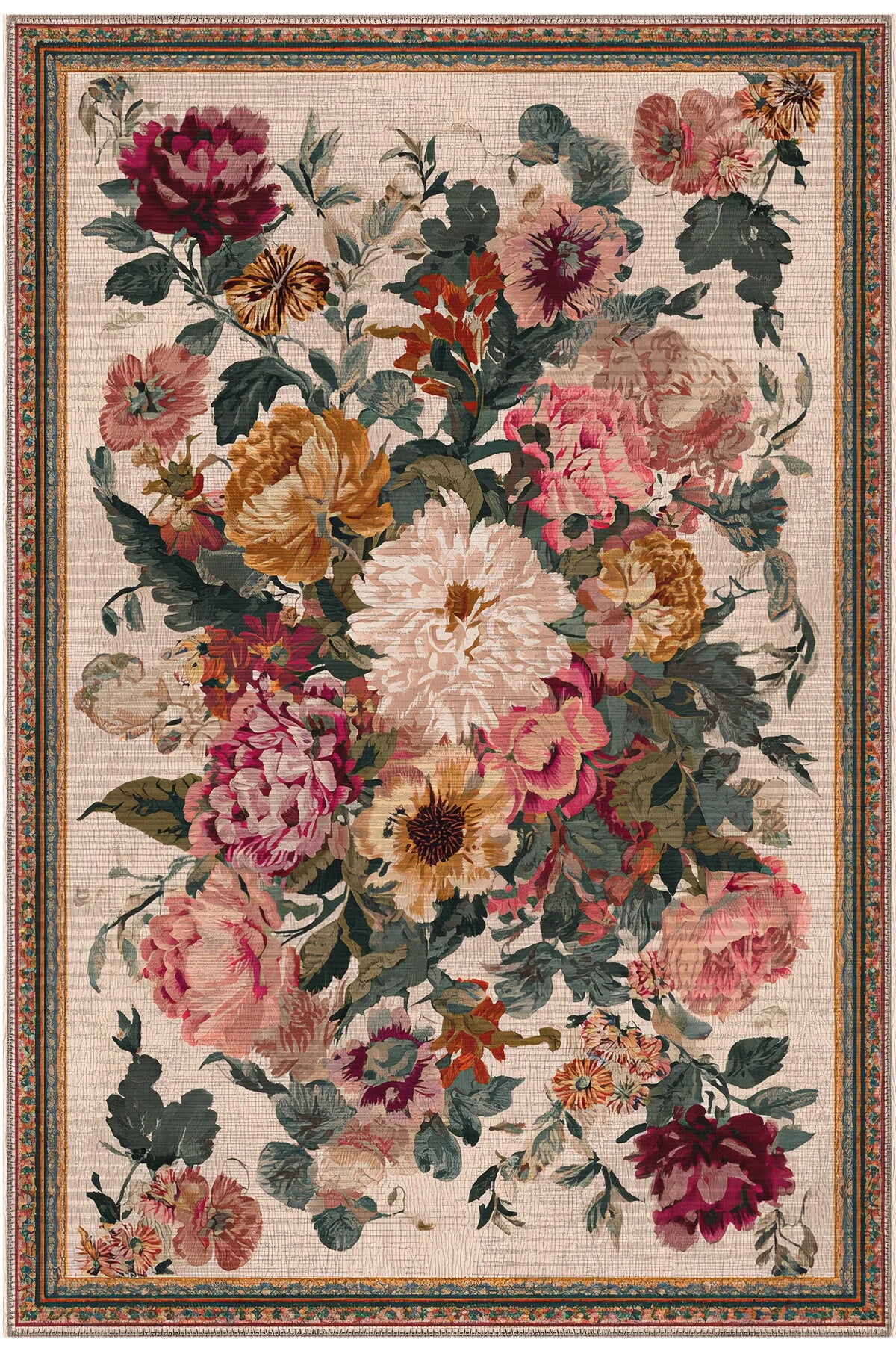 Fiora 205 Bej Çok Renkli Çiçekli Modern Bordürlü Halı İnce Kilim Halı Hol Yolluk Ev Oda Salon Halısı