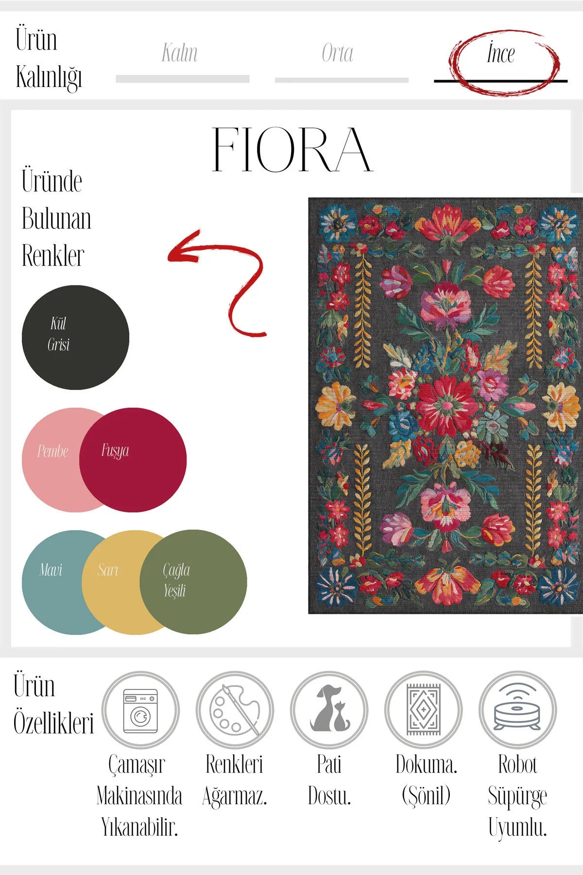 Fiora 206 Siyah Renkli Çiçekli Modern Halı Tasarım İnce Kilim Halı Hol Yolluk Ev Oda Salon Halısı