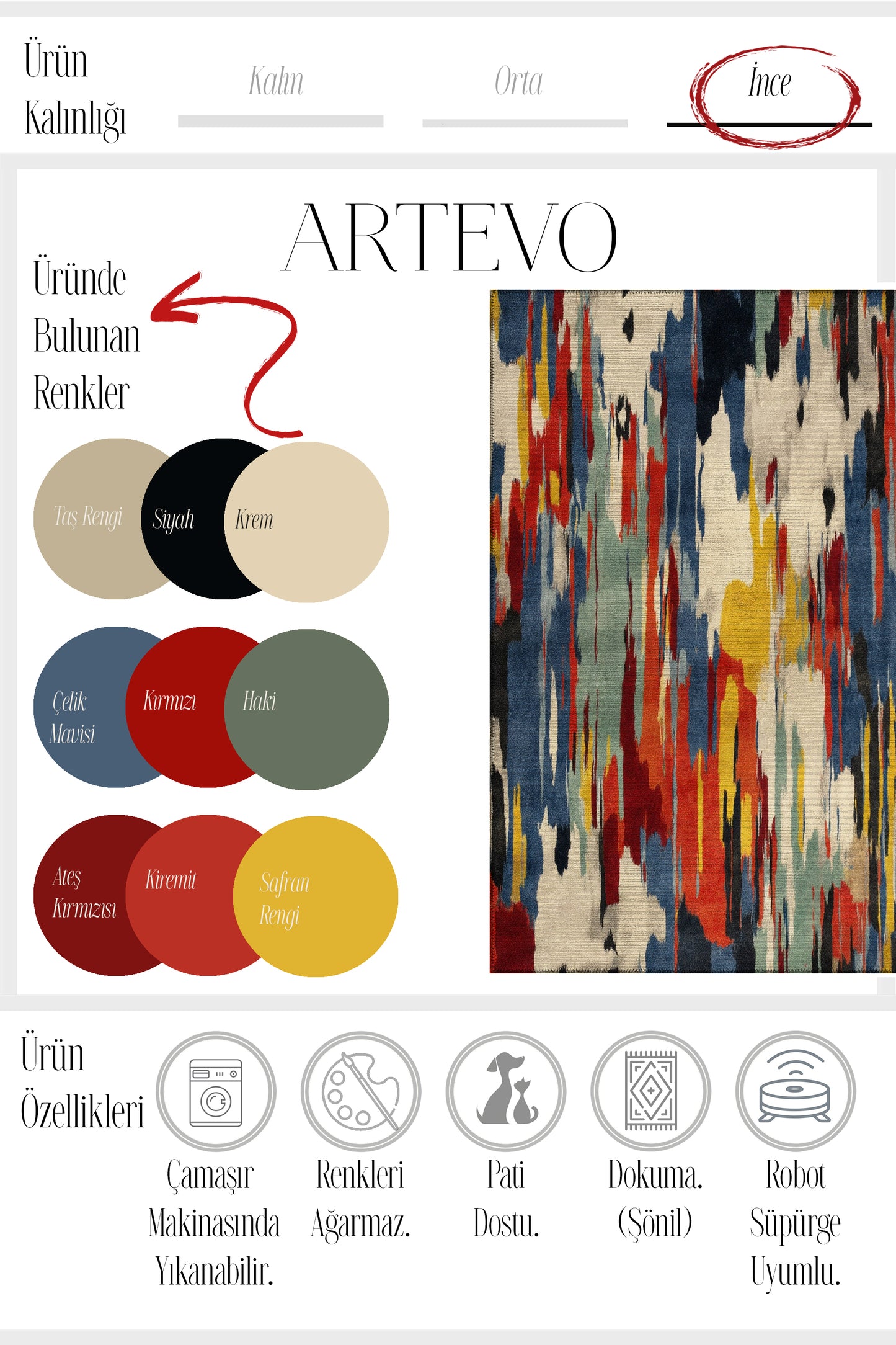 Artevo 01 Renkli Tasarım Modern Halı Salon Halısı Oturma Odası Yolluk İnce Yazlık Ev Oda Halısı