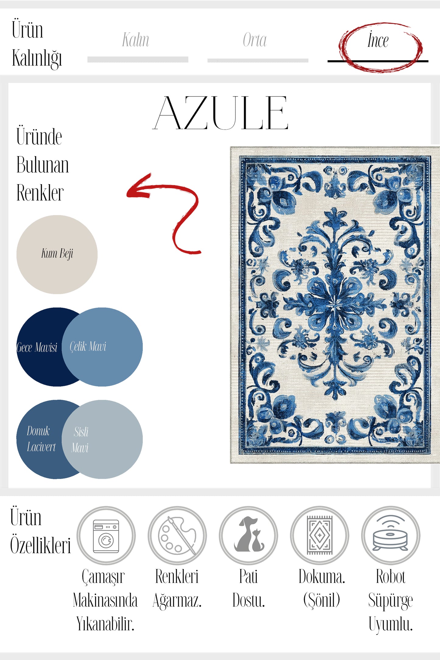 Azule 700 Mavi Beyaz Bleu Blanc Tasarım Halı Yıkanabilir İnce Dokuma Salon Ev Oturma Odası Halısı