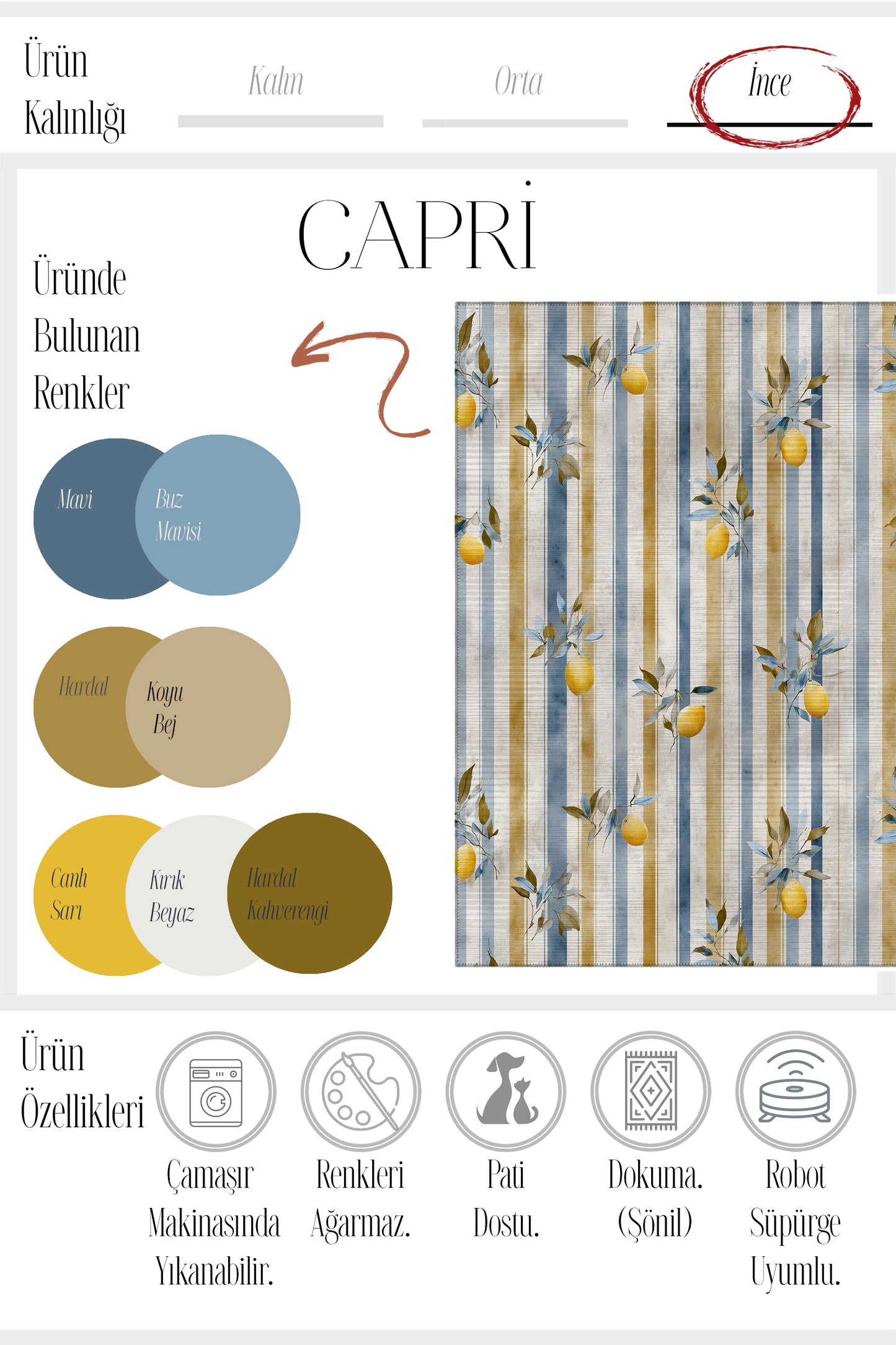 Capri 352 Çizgili Bej Limon Tasarım Modern Yıkanabilir Halı Mutfak Ev Oda Salon Oturma Odası Halısı