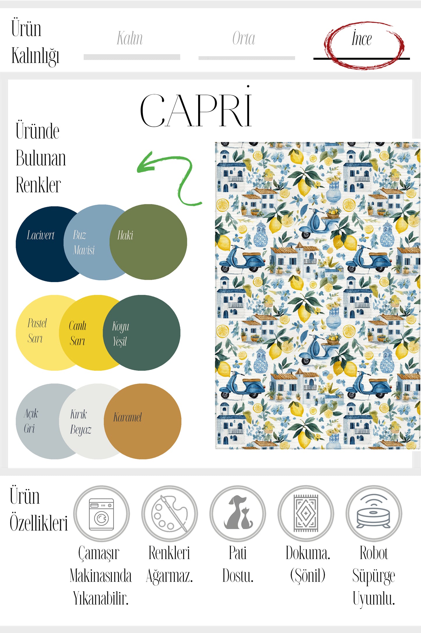 Capri 351 Blue Blanc Mavi Bej Limon Ev Tasarım Modern Yıkanabilir Halı Koridor Hol Oda Ev Halısı
