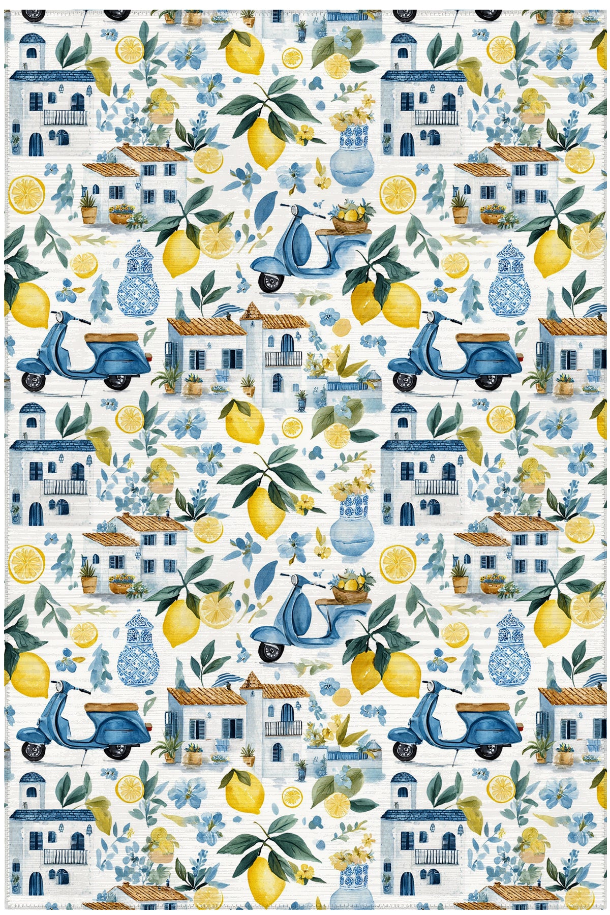 Capri 351 Blue Blanc Mavi Bej Limon Ev Tasarım Modern Yıkanabilir Halı Koridor Hol Oda Ev Halısı