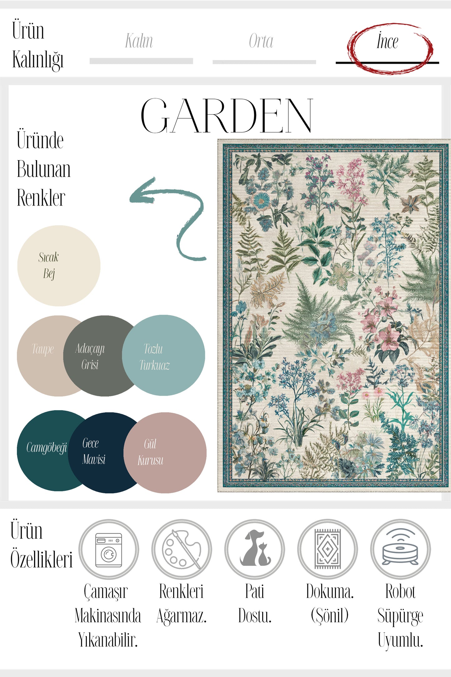 Garden 813 Bej Botanik Çiçekli Halı Yıkanabilir İnce Dokuma Taban Salon Oturma Odası Halısı