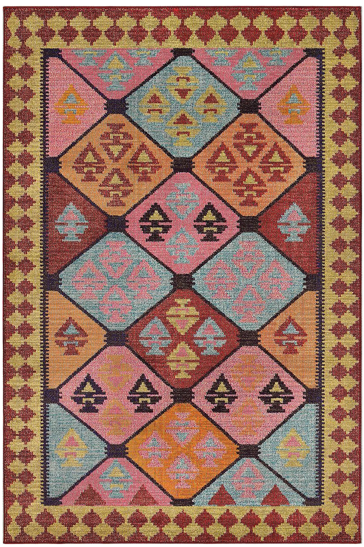 Mihrimah 502 Pembe Turuncu Etnik Halı Vintage Halı Yıkanabilir İnce Dokuma Salon Oturma Odası Halısı