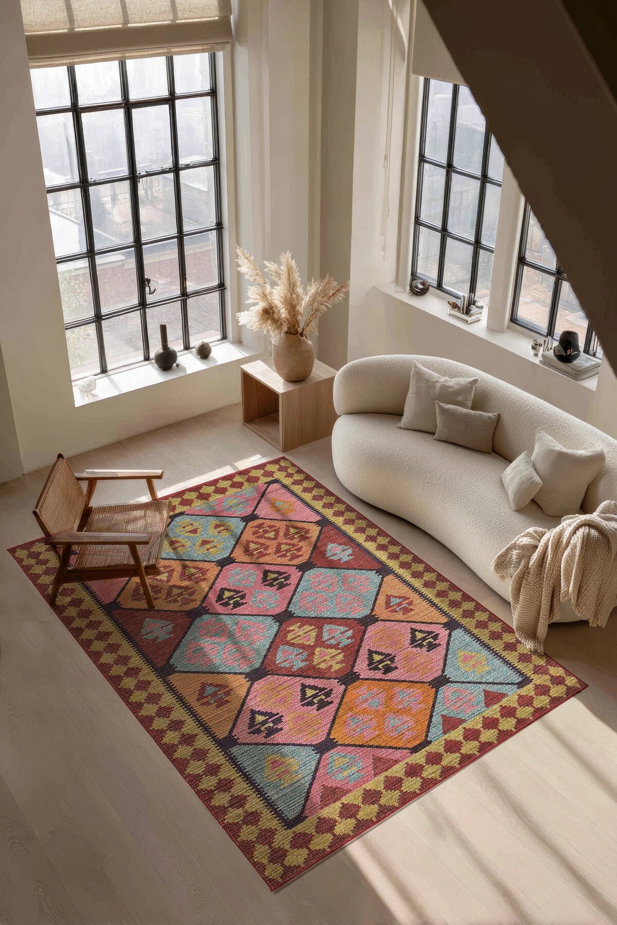 Mihrimah 502 Pembe Turuncu Etnik Halı Vintage Halı Yıkanabilir İnce Dokuma Salon Oturma Odası Halısı