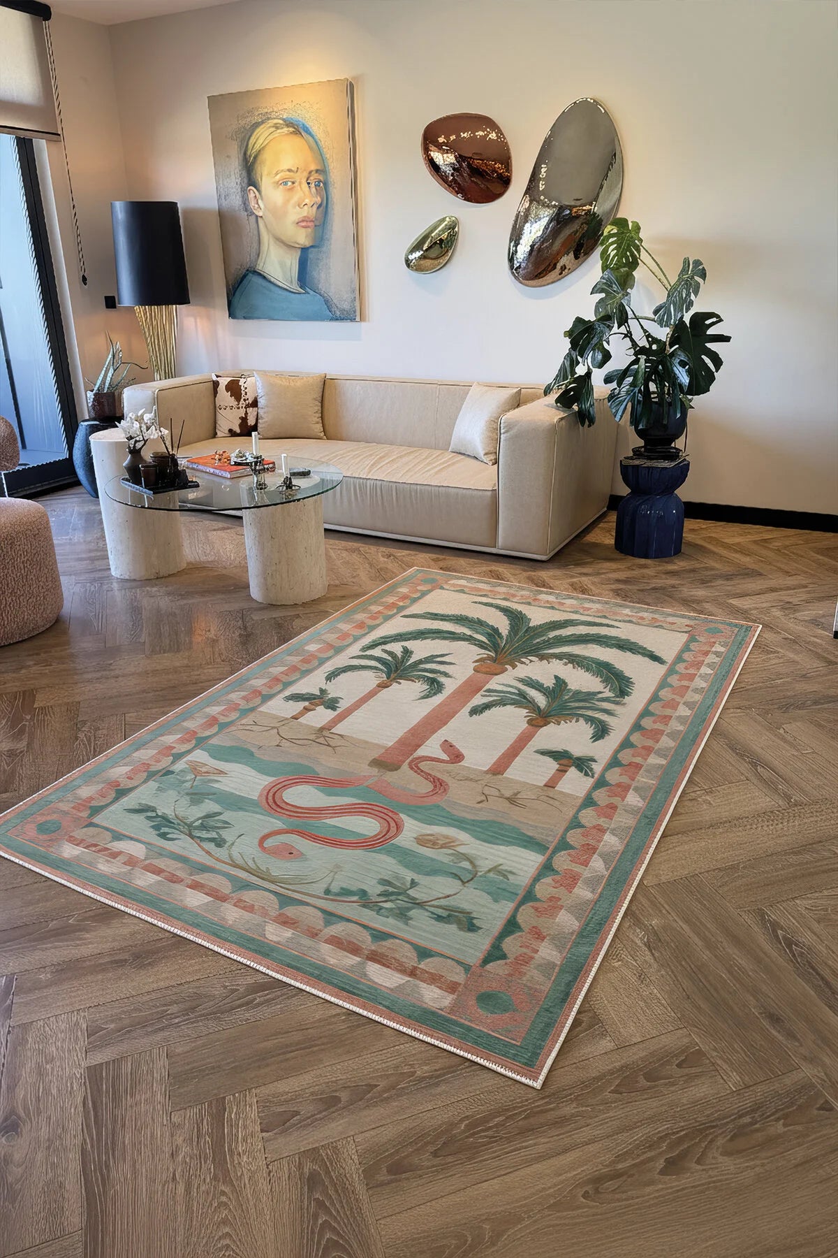 Palm 303 Yeşil Pembe Çok Renkli Halı Palmiyeli Makinada Yıkanabilir Modern Salon Oturma Odası Halısı