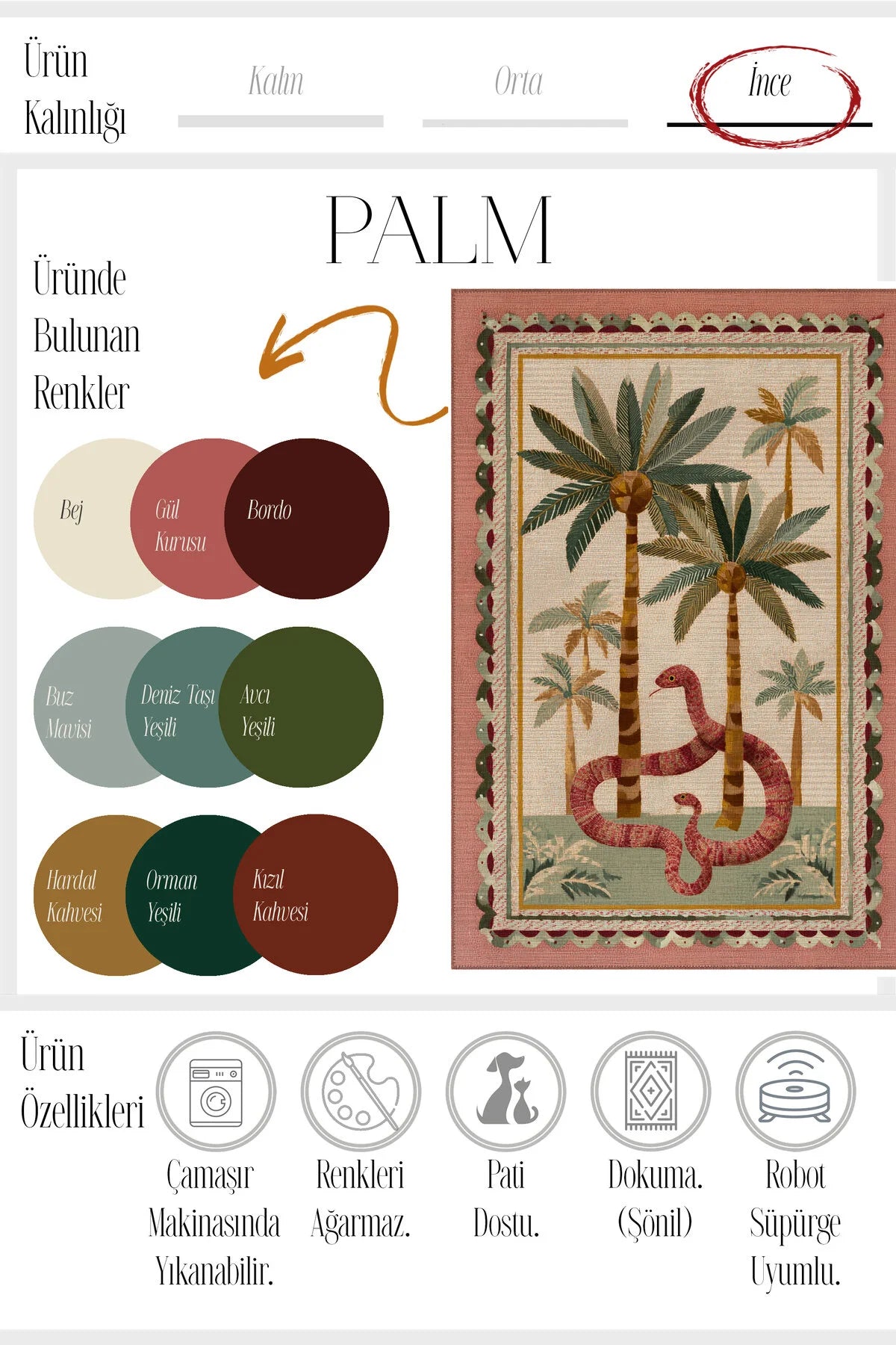 Palm 304 Yeşil Pembe Palmiye Doğa Desenli Yıkanabilir Modern Mutfak Ev Oda Salon Oturma Odası Halısı