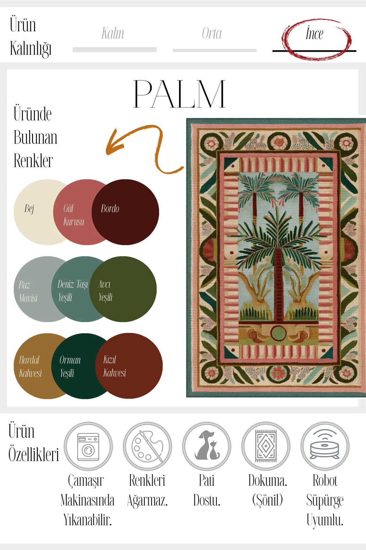 Palm 301 Pembe Yeşil Halı Palmiye Desenli Yıkanabilir Modern Salon Oturma Odası Mutfak Ev Oda Halısı