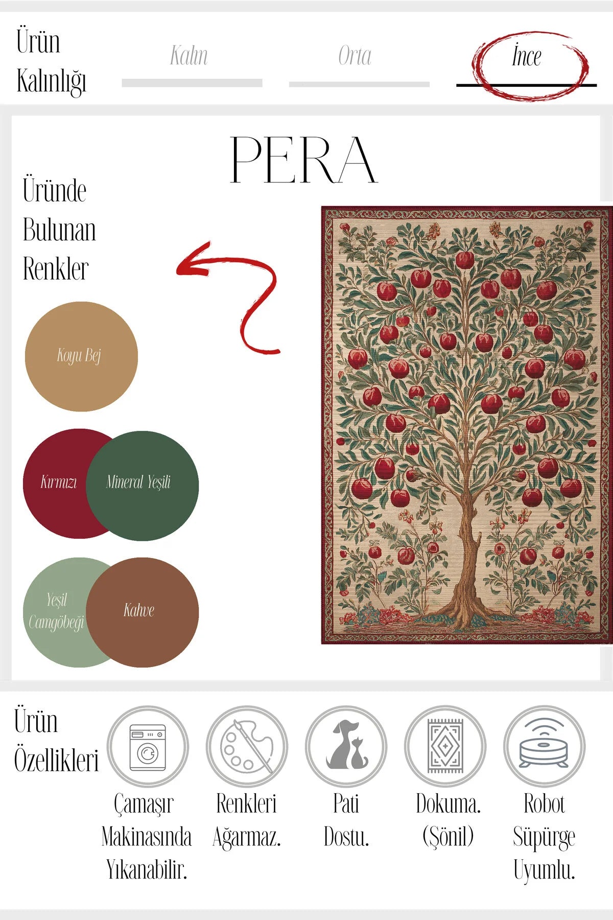 Pera 219 Bej Kırmızı Nar Ağacı Tasarım Halı İnce Kilim Halı Hol Yolluk Ev Oda Salon Halısı