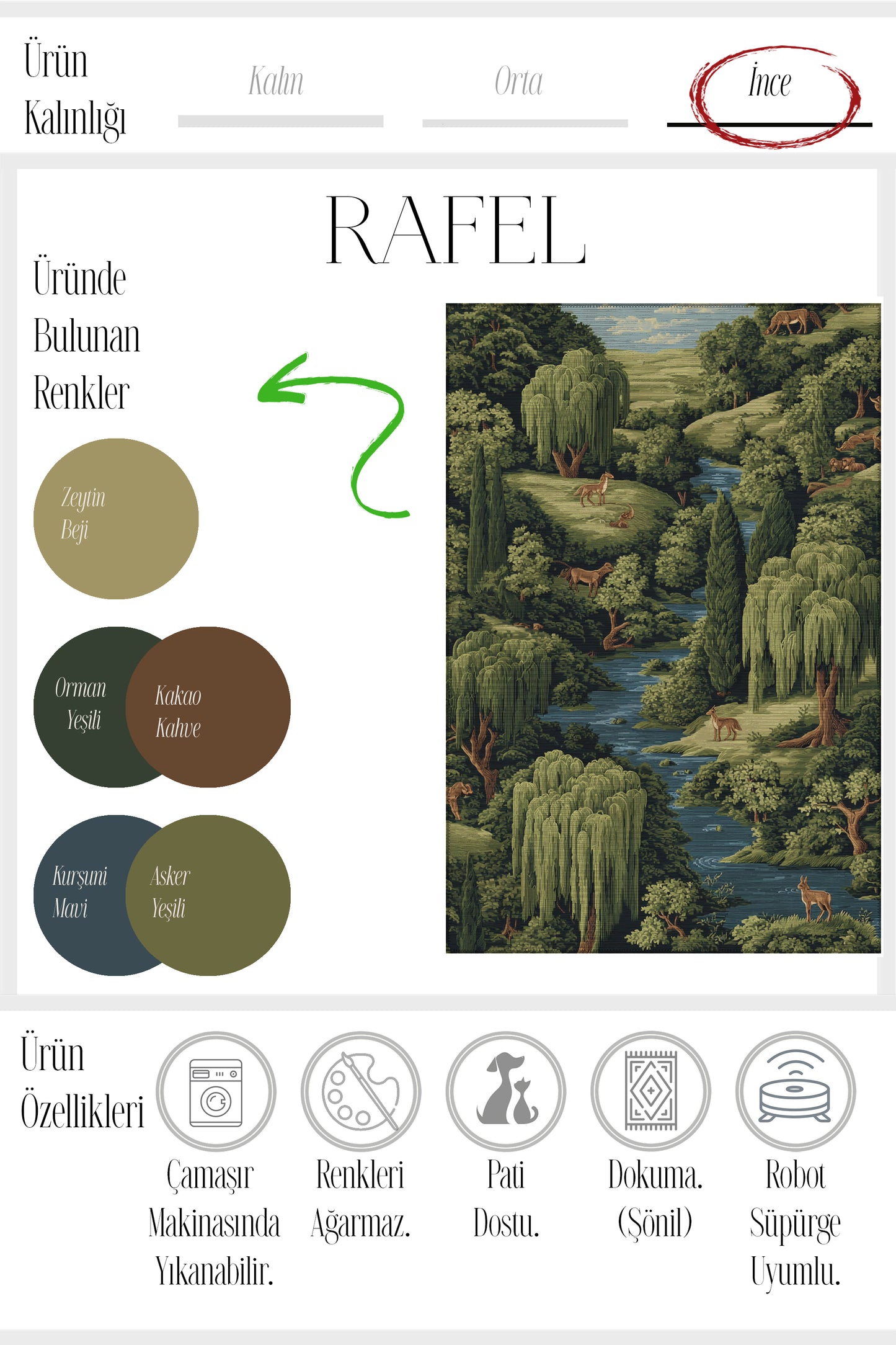 Rafel 903 Orman Temalı Botanik Desenli Halı Yıkanabilir İnce Dokuma Yolluk Salon Oturma Odası Halısı