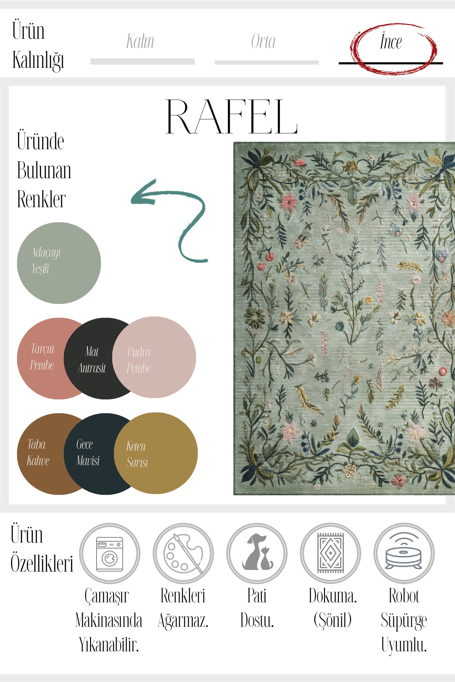 Rafel 904 Yeşil Çiçekli Halı Tasarım Halı Yıkanabilir İnce Dokuma Yolluk Salon Oturma Odası Halısı