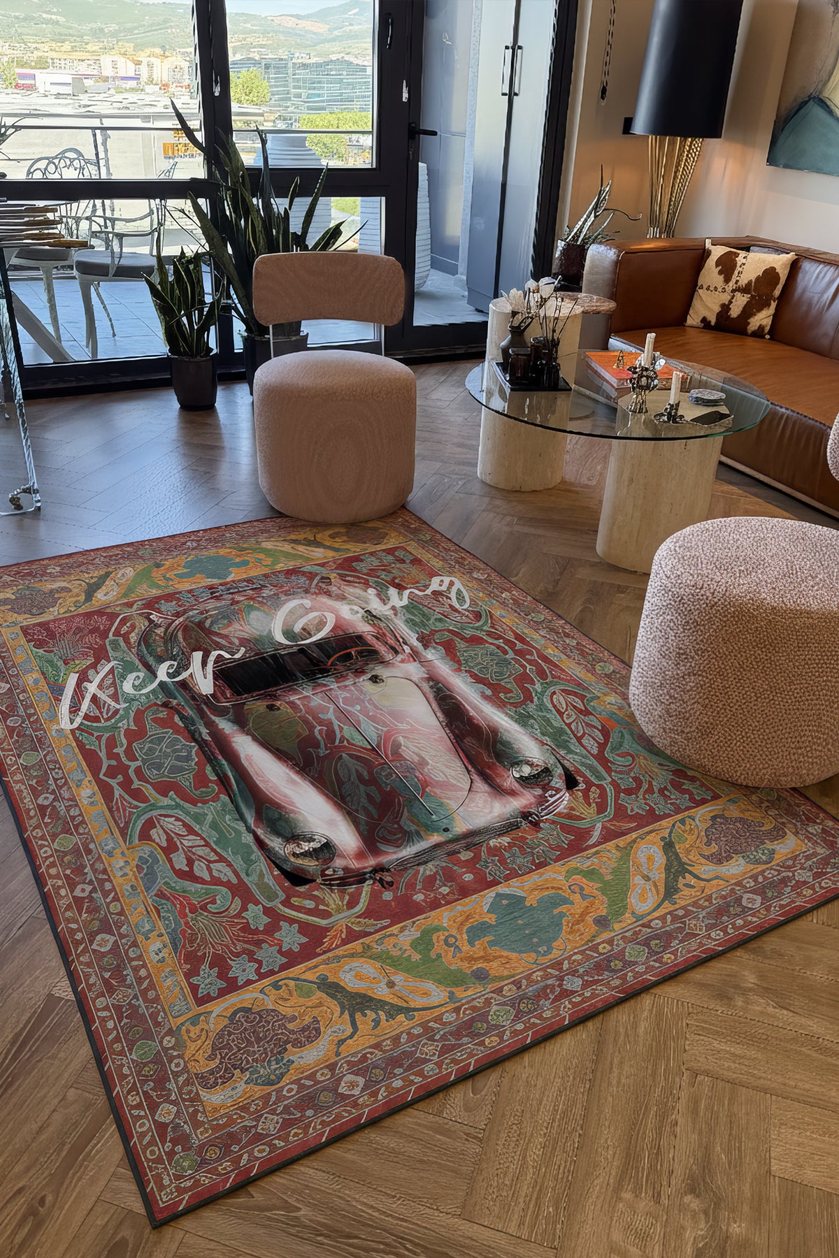 Retro 101 Kiremit Rengi Yeşil Vintage Araba Figürlü Modern Tasarım Halı Salon Oturma Ev Oda Halısı