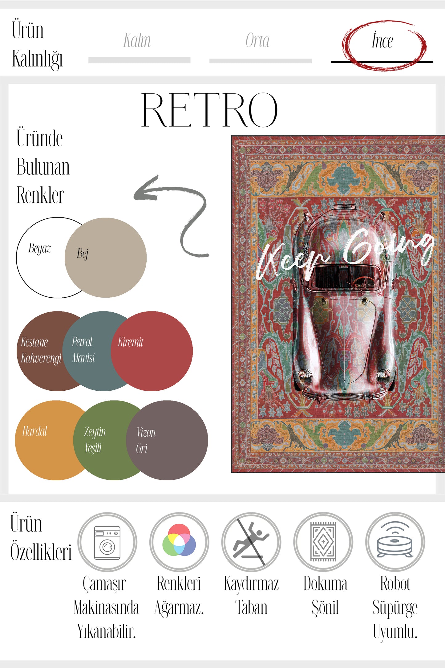 Retro 101 Kiremit Rengi Yeşil Vintage Araba Figürlü Modern Tasarım Halı Salon Oturma Ev Oda Halısı