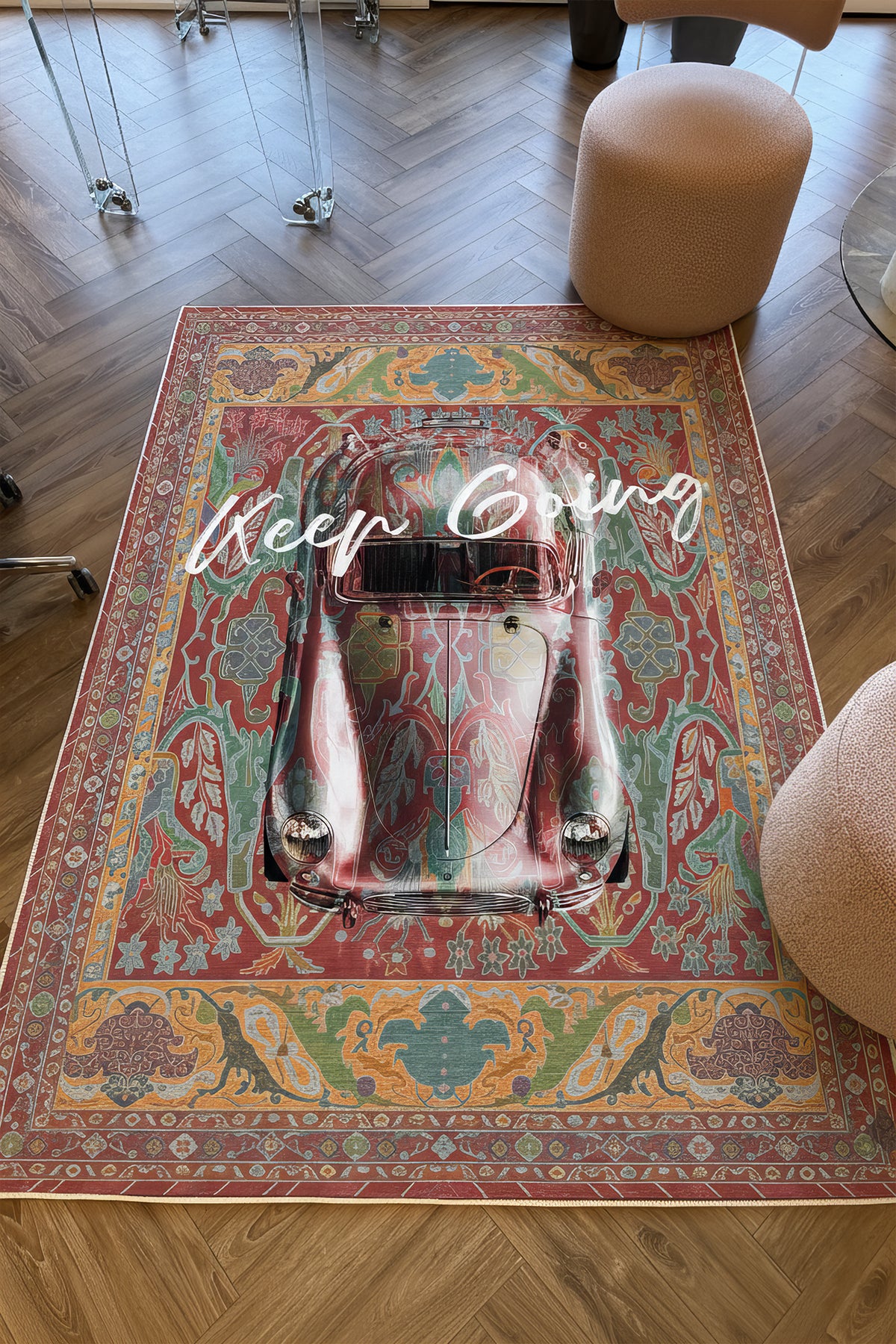 Retro 101 Kiremit Rengi Yeşil Vintage Araba Figürlü Modern Tasarım Halı Salon Oturma Ev Oda Halısı