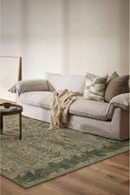 Garden 809 Yeşil Bej Botanik Çiçekli Halı Yıkanabilir Kolay Temizlenen Dokuma Taban İnce Halı