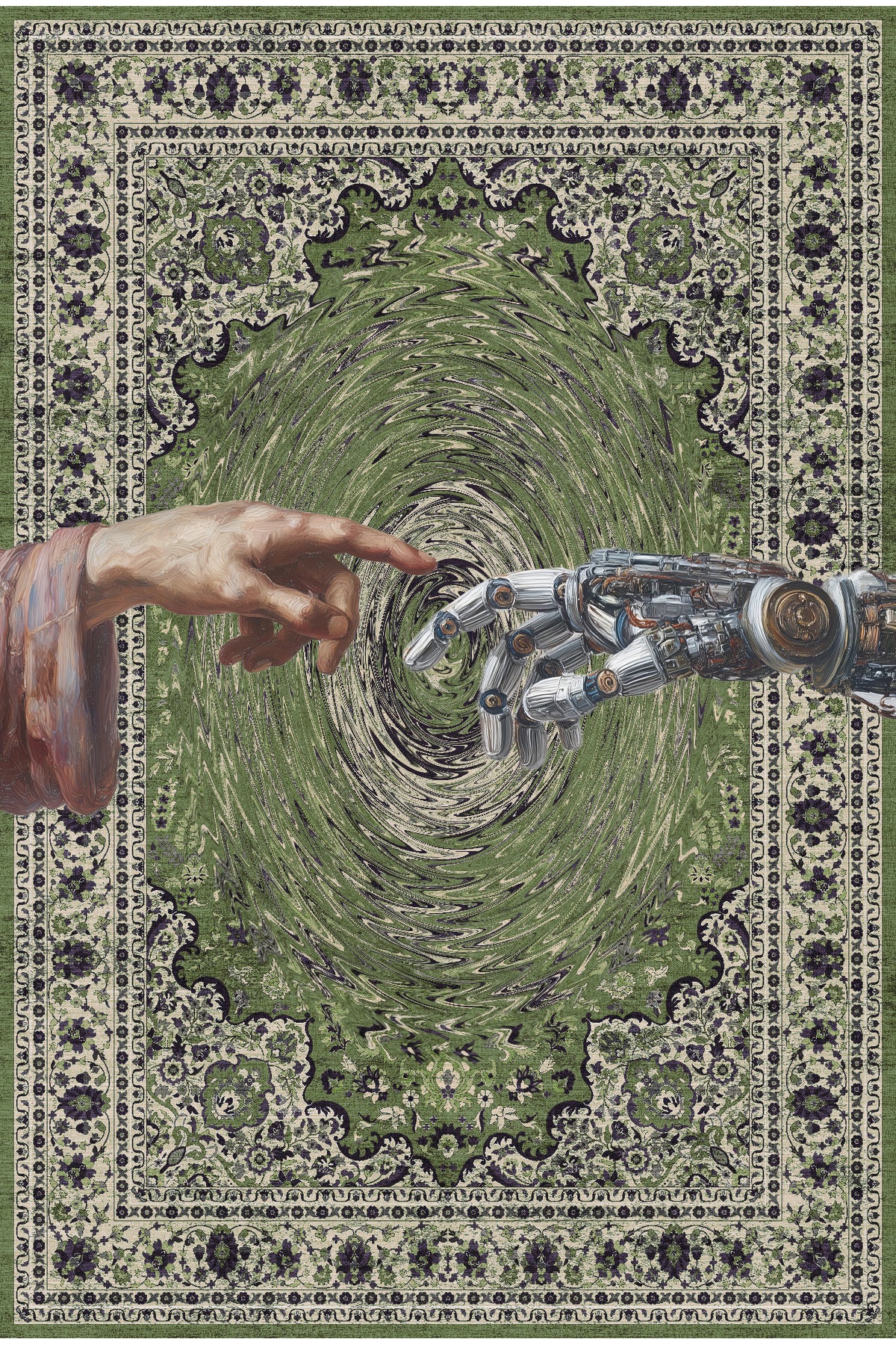 251 Yeşil Vintage Halı Robot El Figürlü Yıkanabilir Halı İnce Oturma Odası Salon Halısı