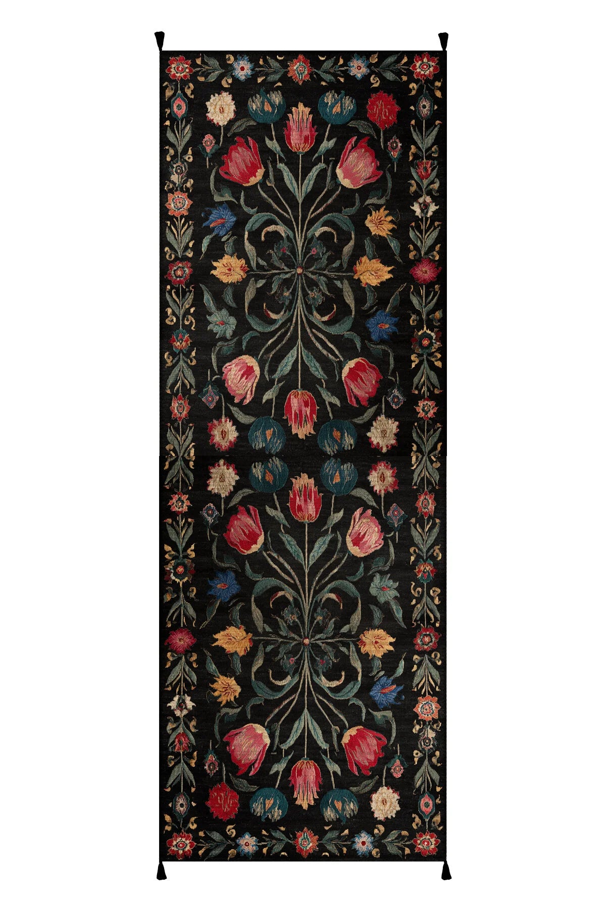 Karaköy 504 Renkli Siyah Püsküllü Tasarım Etnik Halı Yıkanabilir Halı Salon Oturma Odası Ev Halısı