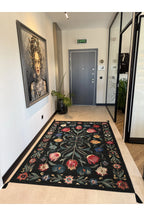 Karaköy 504 Siyah Etnik Vintage Halı | Yıkanabilir Püsküllü Salon ve Yolluk Halısı
