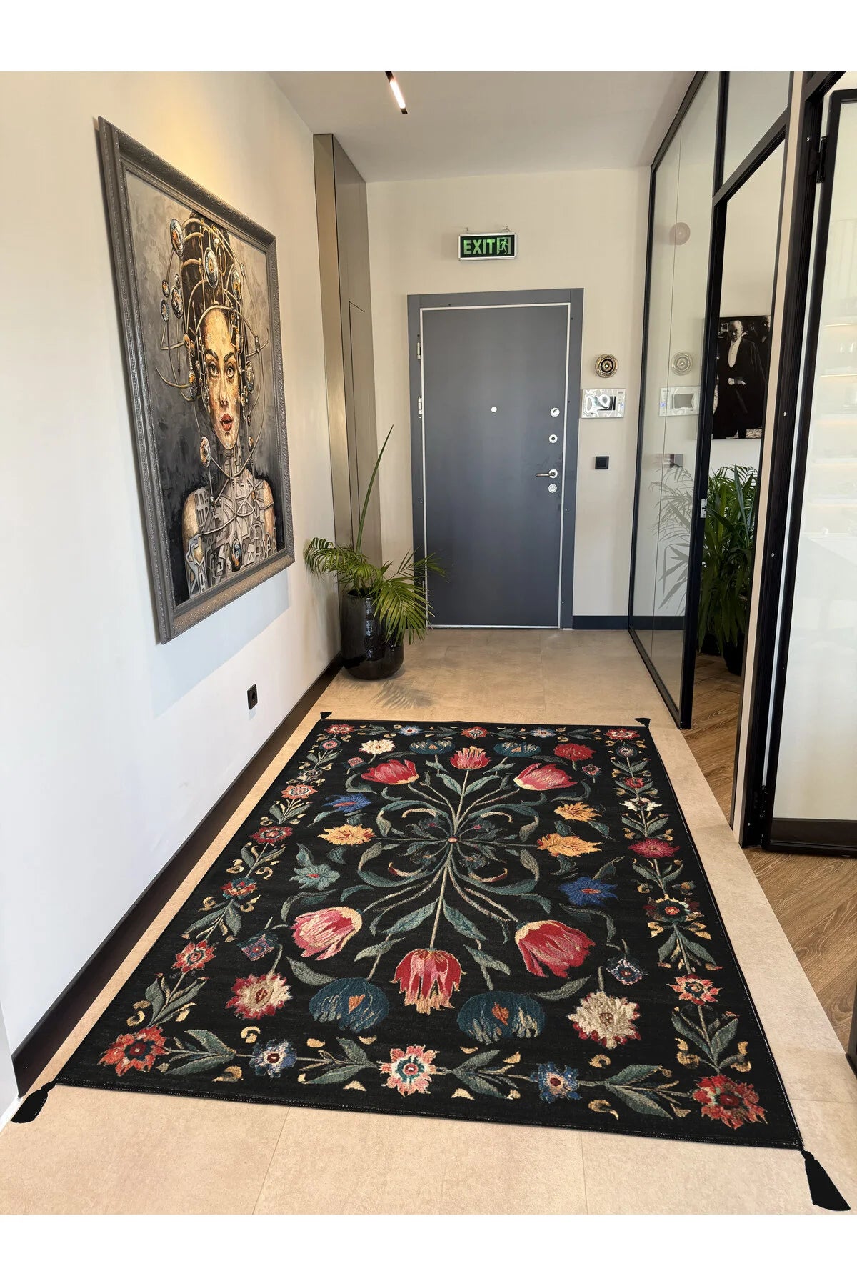 Karaköy 504 Renkli Siyah Püsküllü Tasarım Etnik Halı Yıkanabilir Halı Salon Oturma Odası Ev Halısı