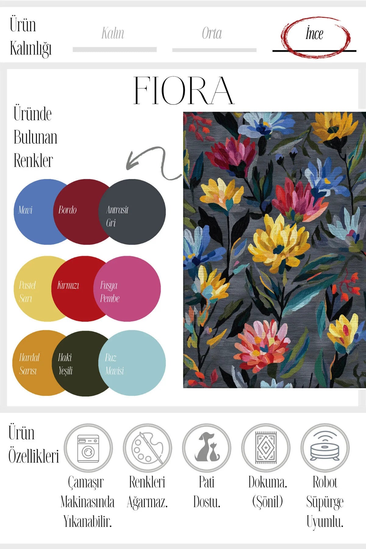 Fiora 231 Gri Renkli Çiçekli Modern Halı Yıkanabilir Dokuma Taban Salon Mutfak Oturma Odası Halısı