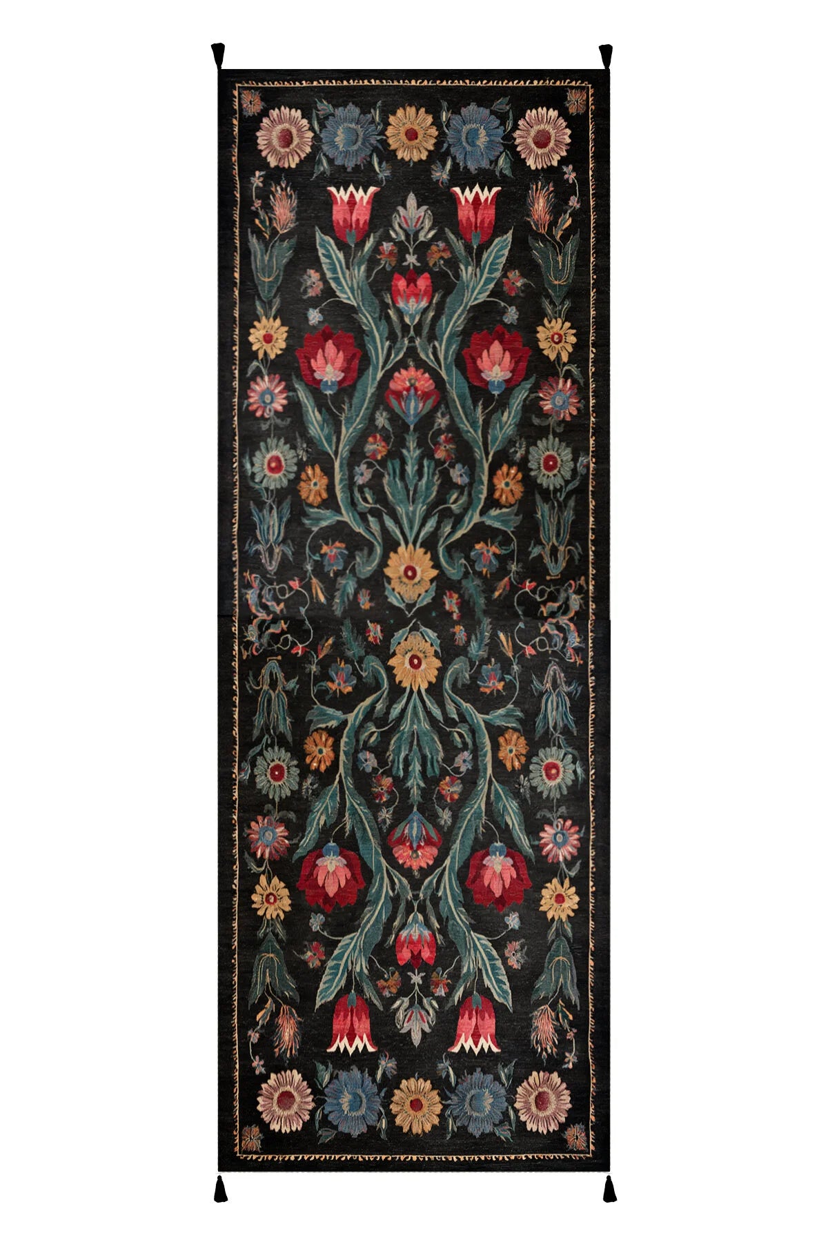 Karaköy 503 Siyah Püsküllü Vintage Motifli Renkli Yıkanabilir Halı Koridor Salon Oturma Odası Halısı