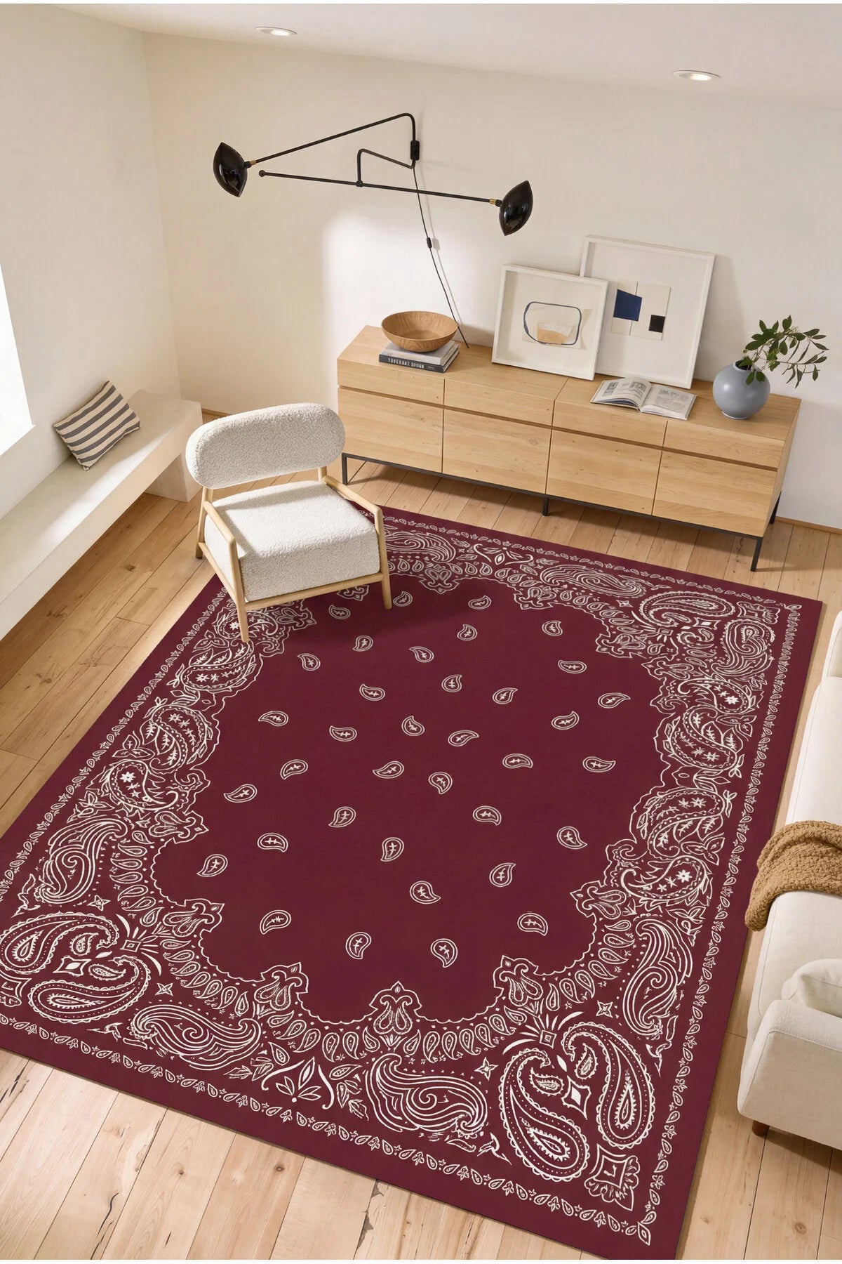 Leona 02 Şal Desenli Klasik Zamansız Bordo Krem Salon Oturma Odası Giyinme Yatak Odası Halısı