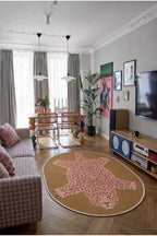 Leopar 01 Hardal Pembe Leopar İnce Vintage Görünüm Şönil Dokuma Oval Salon Oda Ev Balkon Halısı