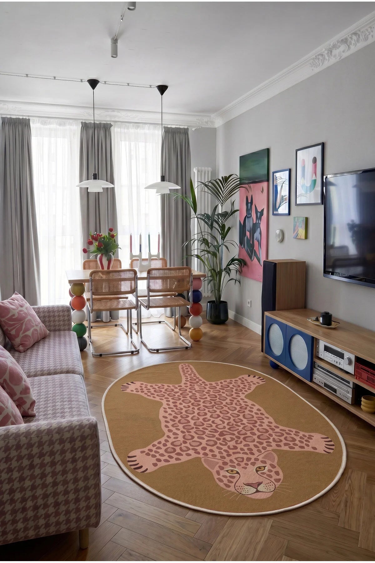Leopar 01 Hardal Pembe Leopar İnce Vintage Görünüm Şönil Dokuma Oval Salon Oda Ev Balkon Halısı