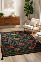 Karaköy 502 Siyah Etnik Vintage Halı | Yıkanabilir Püsküllü Salon ve Yolluk Halısı