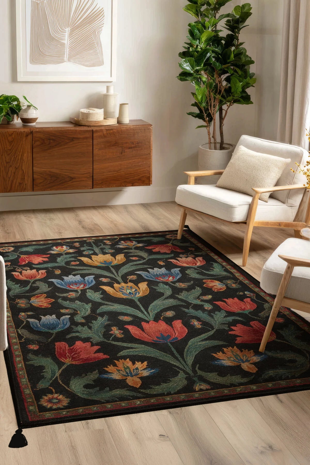 Karaköy 502 Vintage Siyah Desen Etnik Motifli Yıkanabilir Halı Salon Koridor Oturma Odası Ev Halısı