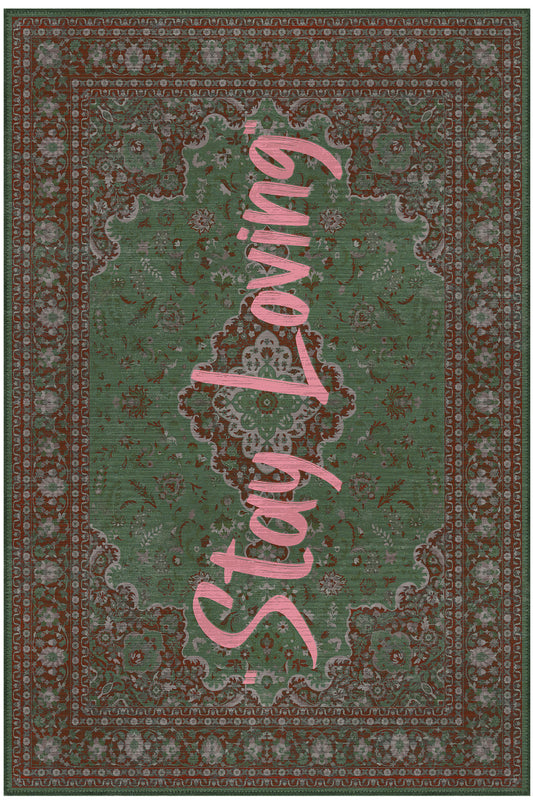 Lucca 401 Yeşil Bordo Vintage Halı Eskitme Modern Yazılı Halı Ince Kilim Halı Ev Oda Salon Halısı