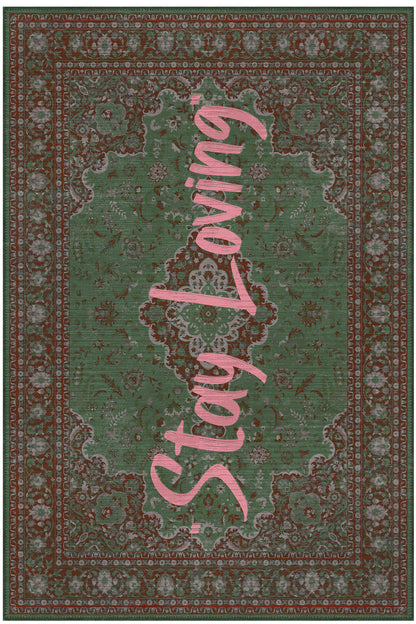 Lucca 401 Yeşil Bordo Vintage Halı Eskitme Modern Yazılı Halı Ince Kilim Halı Ev Oda Salon Halısı