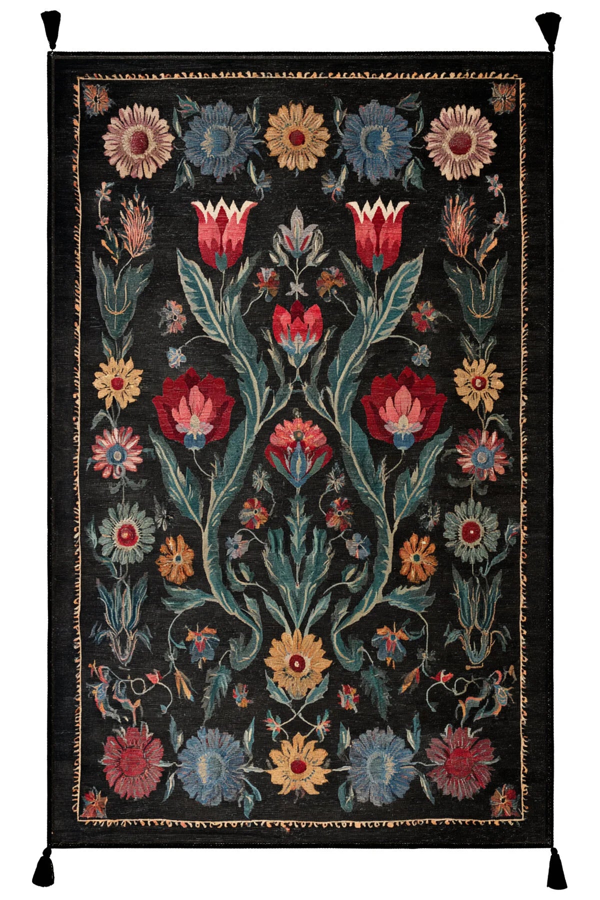 Karaköy 503 Siyah Püsküllü Vintage Motifli Renkli Yıkanabilir Halı Koridor Salon Oturma Odası Halısı