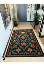 Karaköy 502 Siyah Etnik Vintage Halı | Yıkanabilir Püsküllü Salon ve Yolluk Halısı