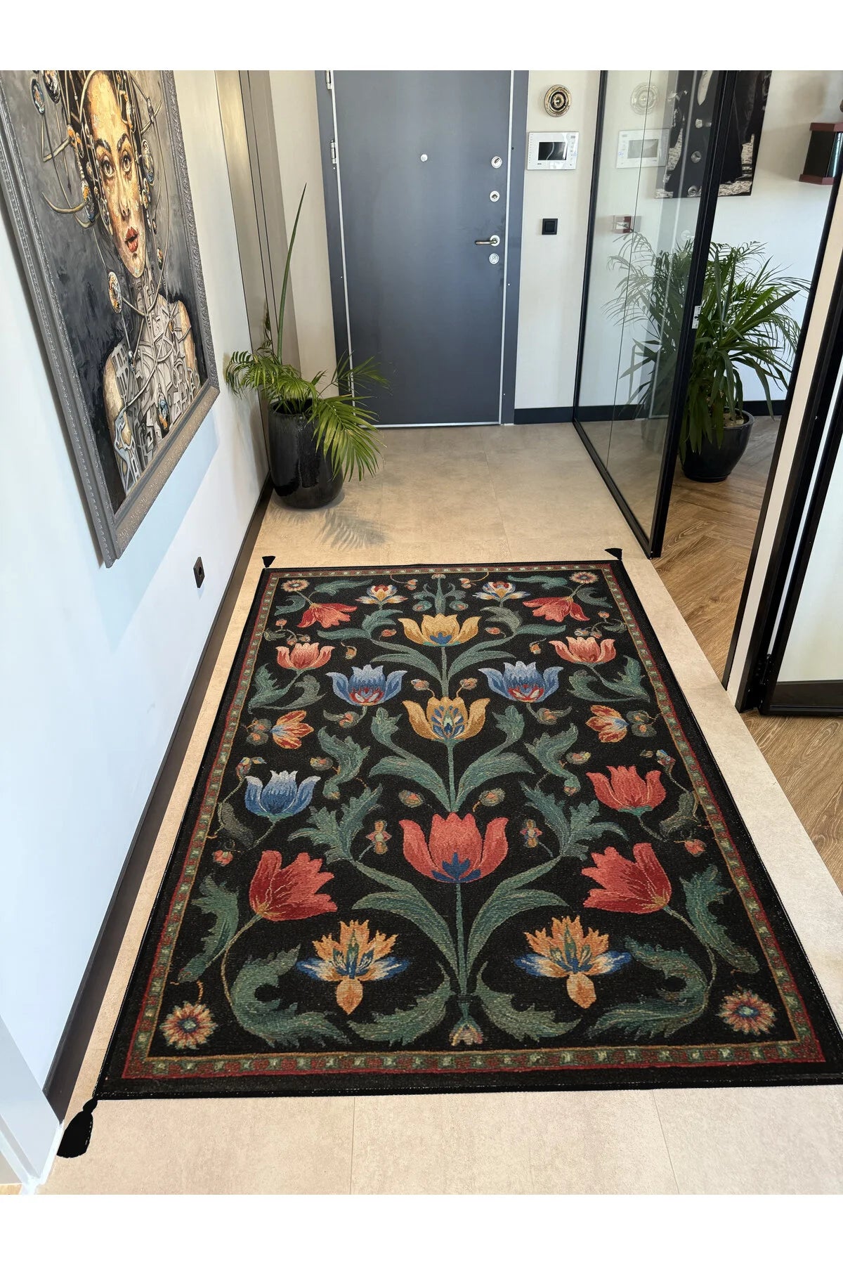 Karaköy 502 Vintage Siyah Desen Etnik Motifli Yıkanabilir Halı Salon Koridor Oturma Odası Ev Halısı