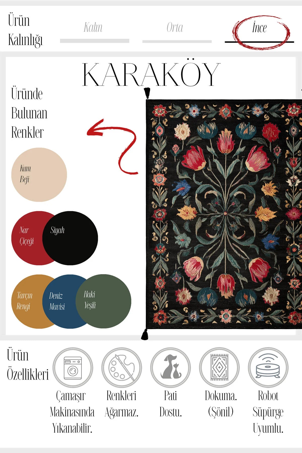 Karaköy 504 Renkli Siyah Püsküllü Tasarım Etnik Halı Yıkanabilir Halı Salon Oturma Odası Ev Halısı