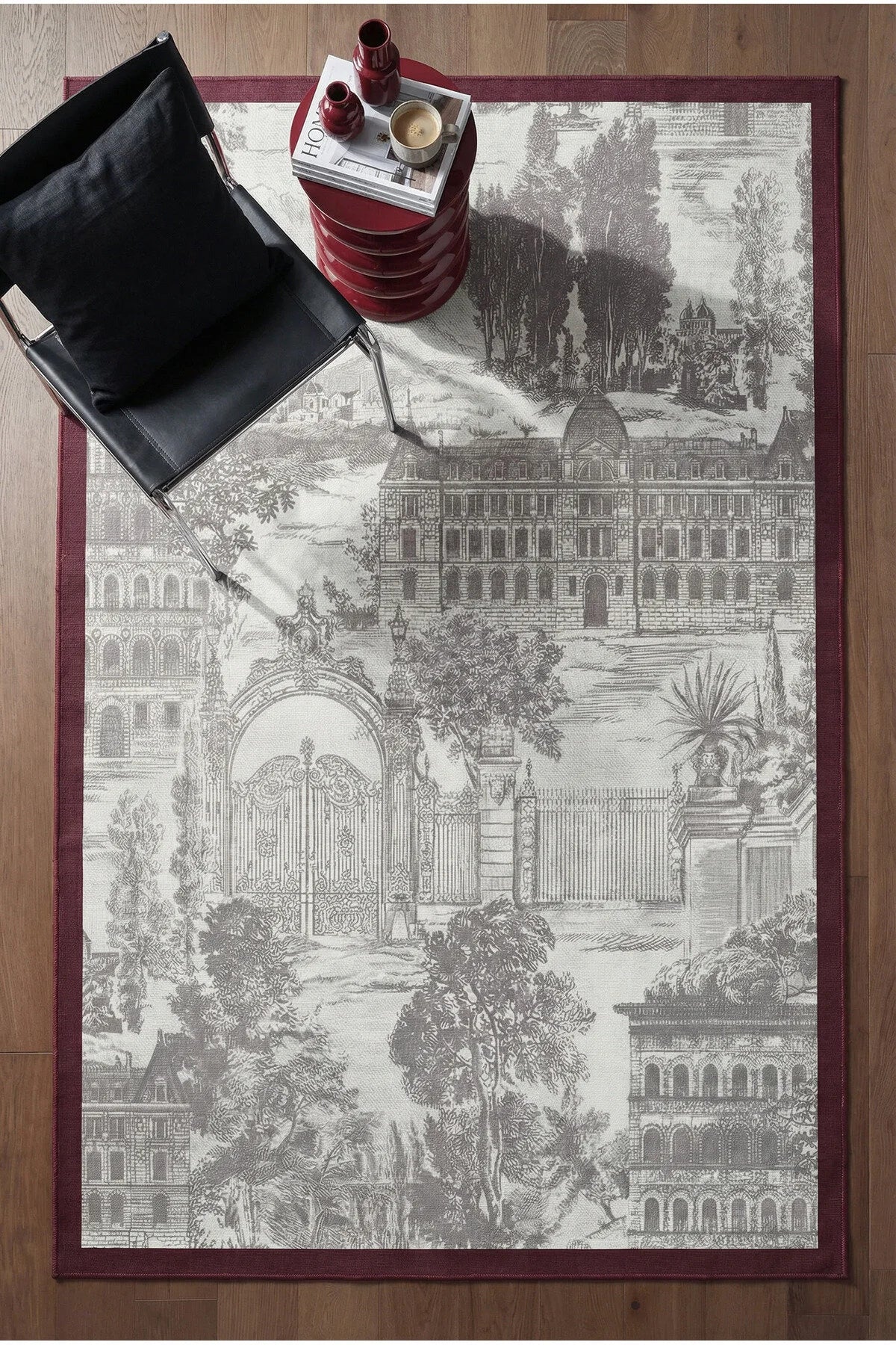 Marcel Gri Beyaz Bordo Bordürlü Desenli Yıkanabilir İnce Dijital Baskı Şönil Salon Koridor Halısı