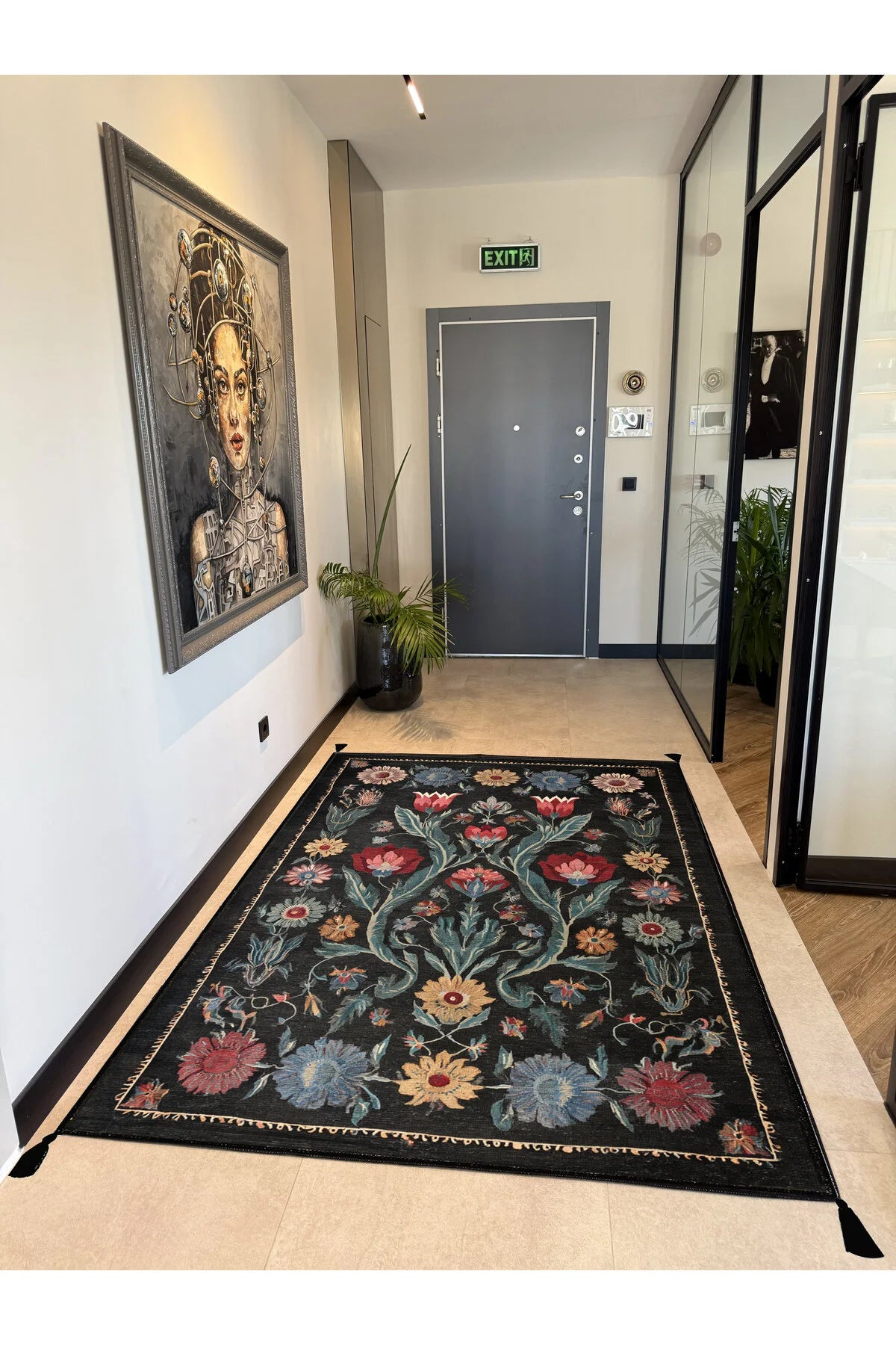 Karaköy 503 Siyah Püsküllü Vintage Motifli Renkli Yıkanabilir Halı Koridor Salon Oturma Odası Halısı