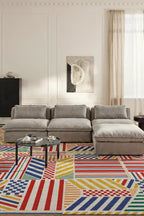 Arline 02 Modern Geometrik Tasarım Renkli Şönil Dokuma Taban İnce Yıkanabilir Ev Oda Salon Halısı