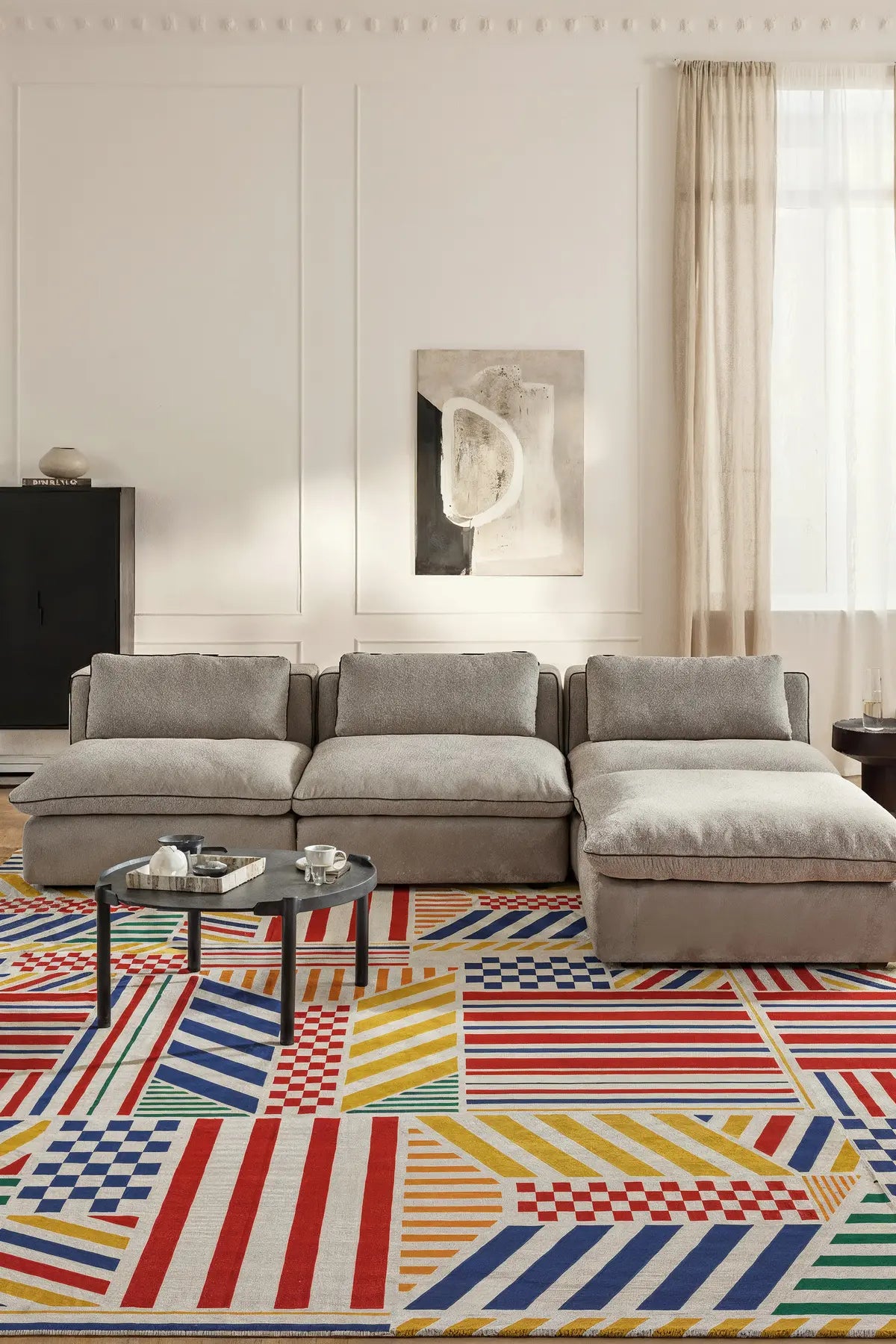 Arline 02 Modern Geometrik Tasarım Renkli Şönil Dokuma Taban İnce Yıkanabilir Ev Oda Salon Halısı