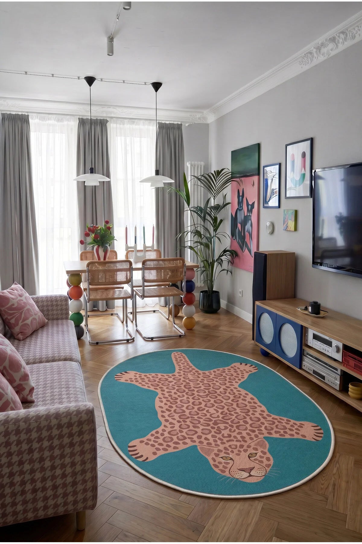 Leopar 05 Mavi Pembe Leopar İnce Vintage Görünüm Şönil Dokuma Oval Oturma Odası Ev Koridor Halısı