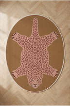 Leopar 01 Hardal Pembe Leopar İnce Vintage Görünüm Şönil Dokuma Oval Salon Oda Ev Balkon Halısı