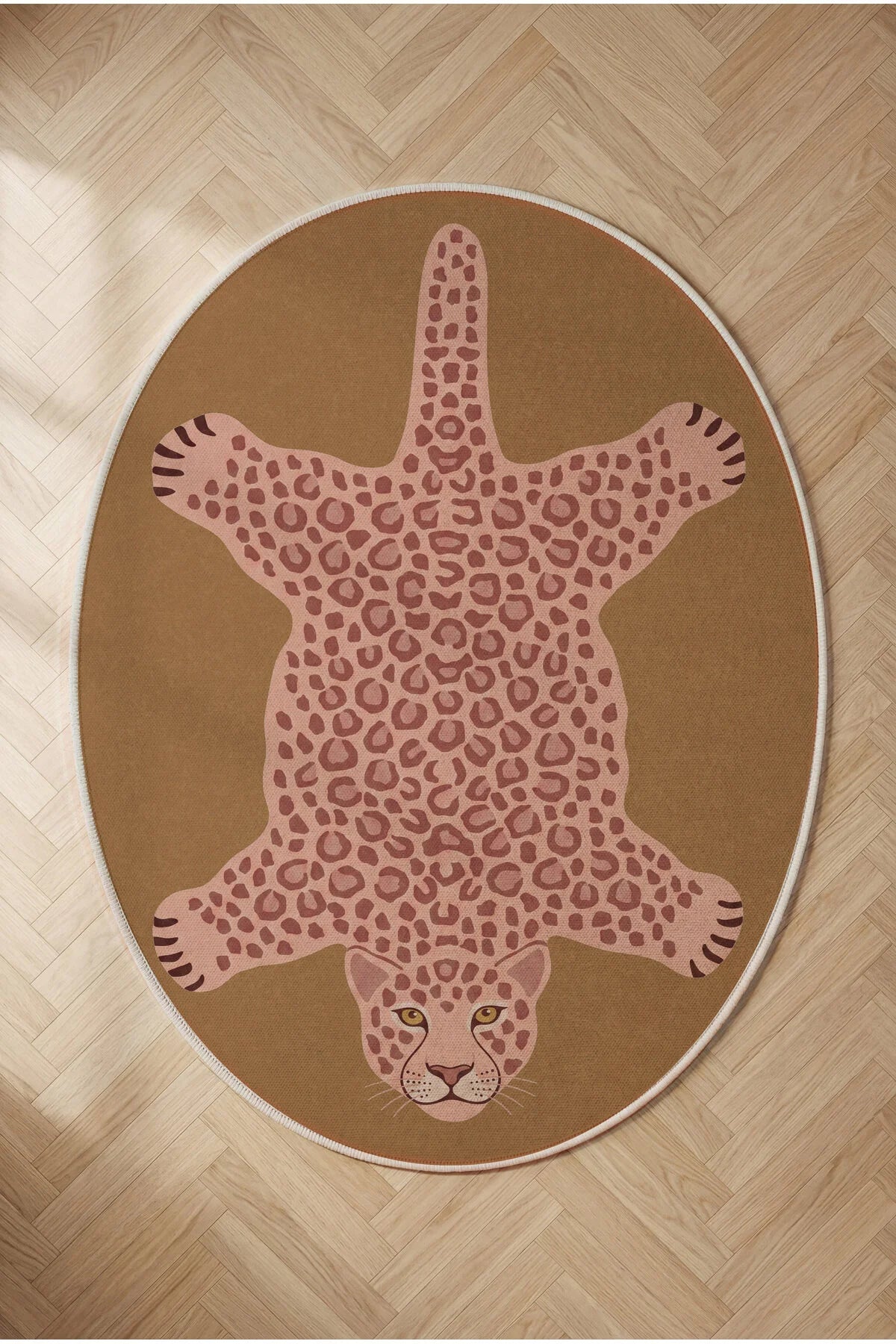 Leopar 01 Hardal Pembe Leopar İnce Vintage Görünüm Şönil Dokuma Oval Salon Oda Ev Balkon Halısı