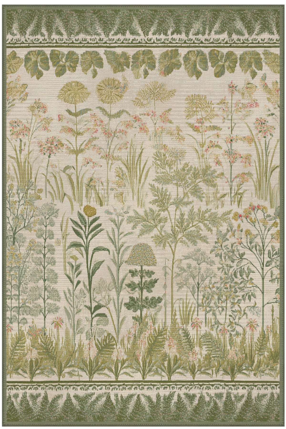 Garden 801 Yeşil Bej Çiçekli Halı Tasarım Halı Yıkanabilir İnce Halı Oturma Odası Salon Halısı