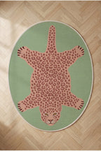 Leopar 02 Yeşil Pembe Leopar İnce Vintage Görünüm Şönil Dokuma Oval Oturma Odası Ev Mutfak Halısı